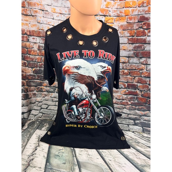 Motor Live To Ride Cycle Tops - Motor Live To Ride Cycle Black‎ Biker Tee Eagle Grommet Side Slit Shirt Womens L